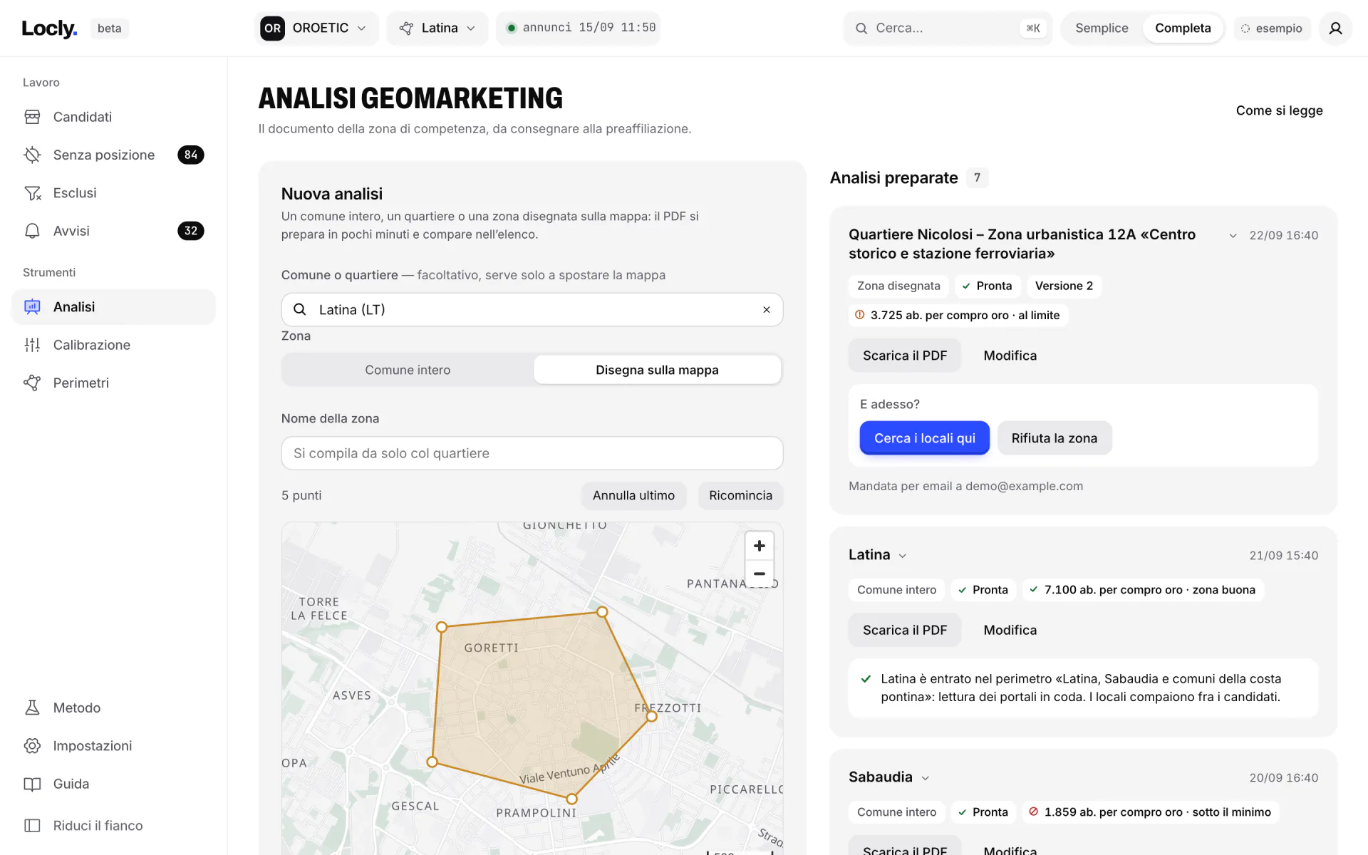 La vista Analisi: scelto il comune, qui Latina, si disegna una zona sulla mappa, e Locly prepara il PDF di geomarketing con popolazione ISTAT, redditi MEF, negozi e trasporti.