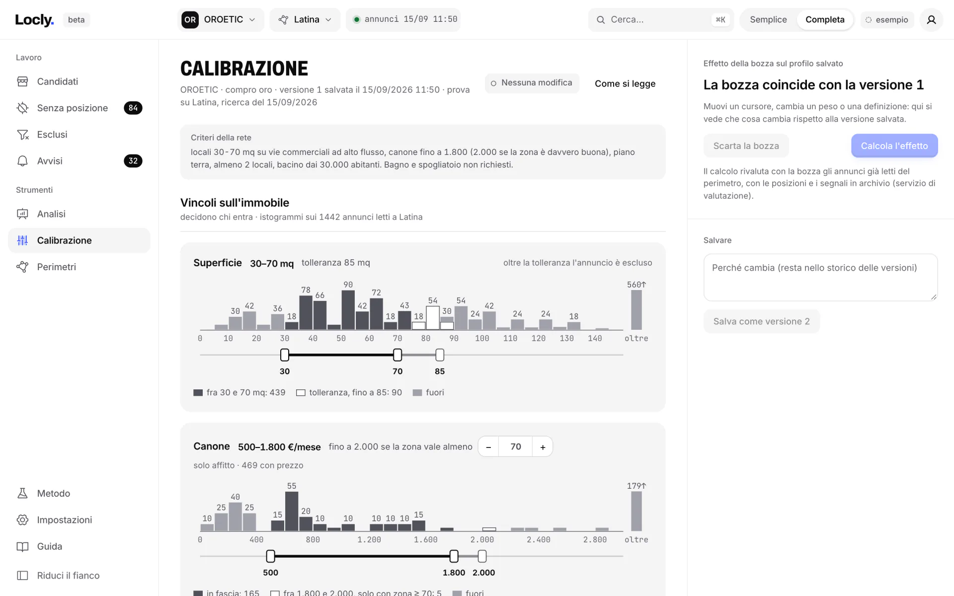 La vista Calibrazione: i vincoli e i pesi della rete, con la distribuzione degli annunci letti e l'effetto di una modifica sui candidati prima di salvarla.