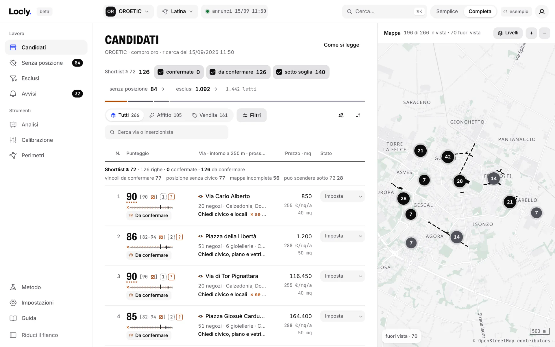 La vista Candidati al livello completo: il registro con rango, punteggio e intervallo, segni di certezza, negozi entro 250 metri, prossimo passo, metri quadri, prezzo e stato, sotto l'imbuto dei conteggi, e a destra la mappa.