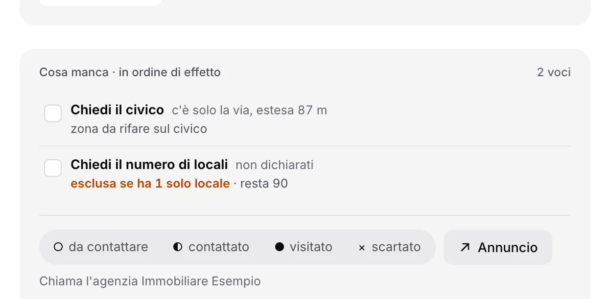 Il riquadro «Cosa manca» nel dettaglio di un candidato: le informazioni da chiedere a chi ha pubblicato l'annuncio, in ordine di effetto sul punteggio, e che cosa succede se la risposta è sfavorevole.