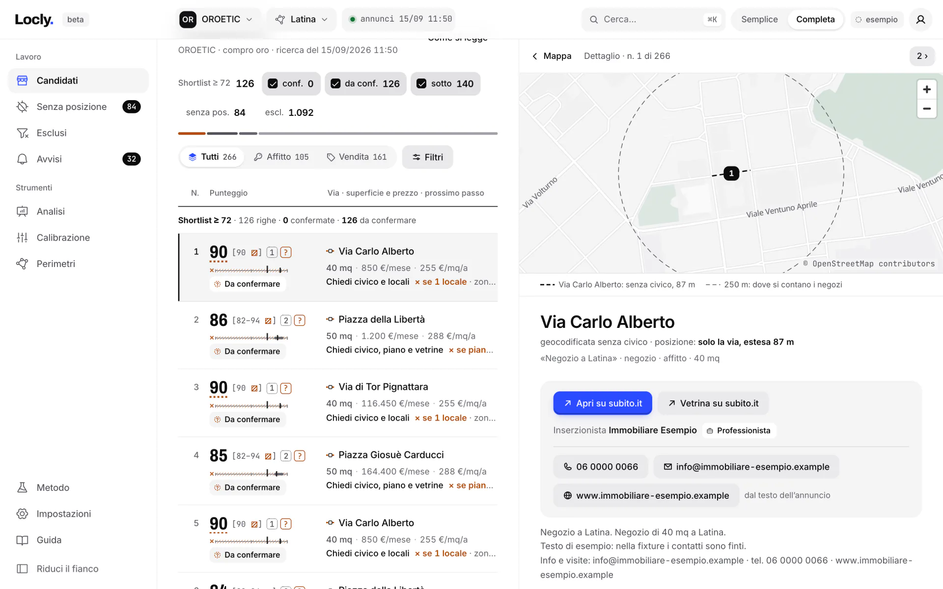 Il dettaglio di un candidato: la via, la mappa dei 250 metri intorno, il punteggio con il suo intervallo, che cosa manca in ordine di effetto e i punti che ogni criterio porta al totale.