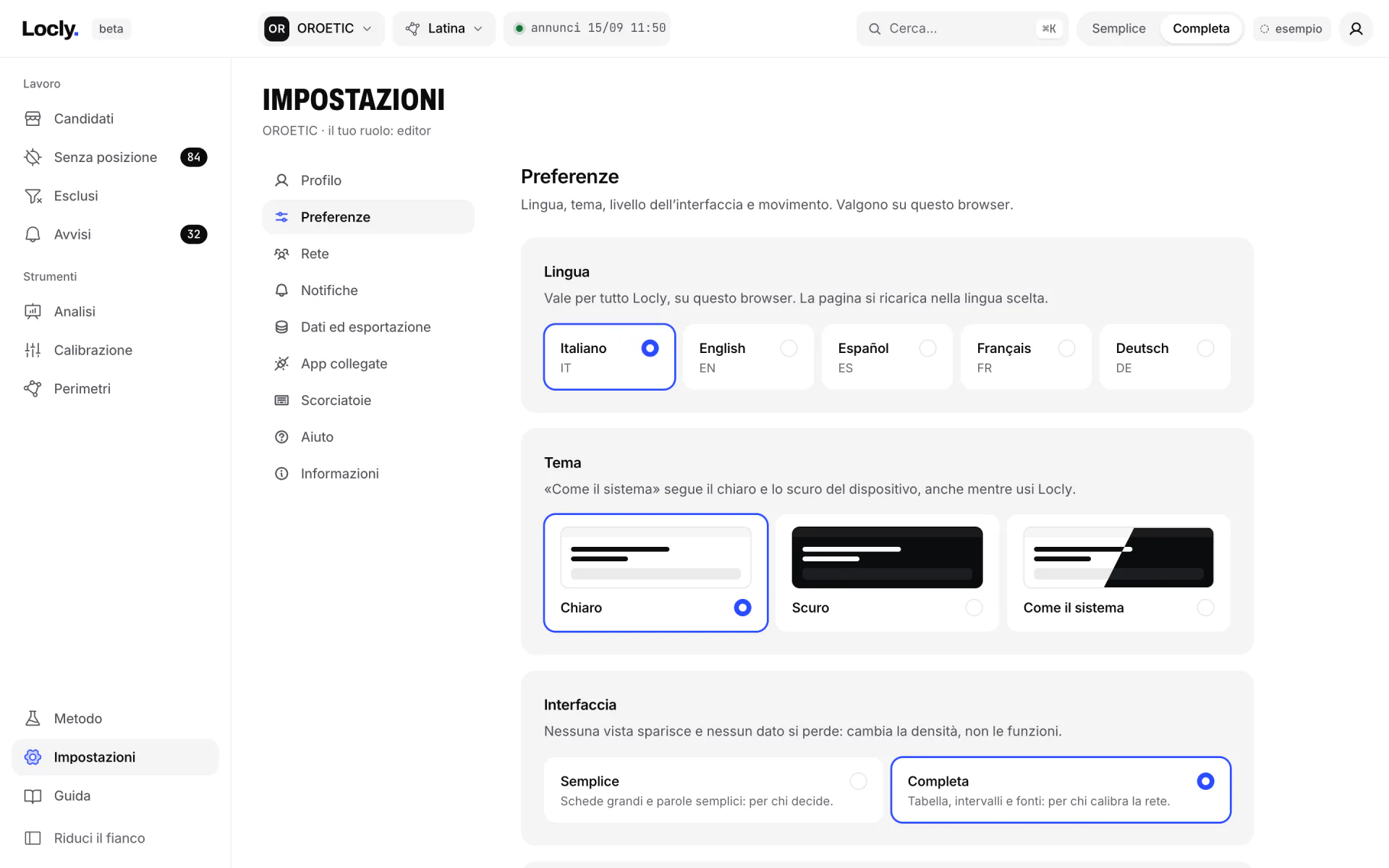 Le impostazioni, sezione Preferenze: lingua, tema, livello dell’interfaccia e movimento, che valgono su questo browser.