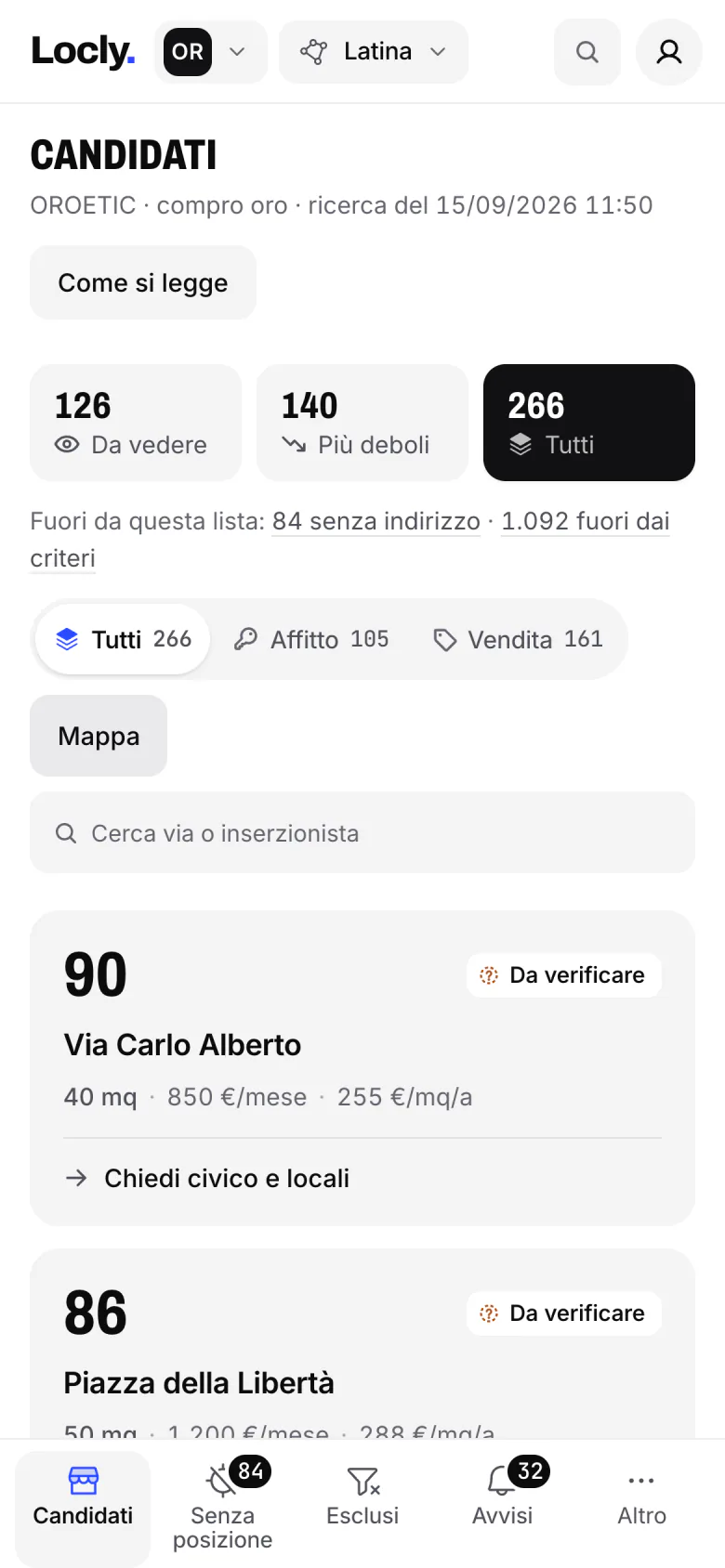 La vista Candidati sul telefono: le schede dei locali una sotto l’altra, con punteggio, via, prezzo e prossimo passo.