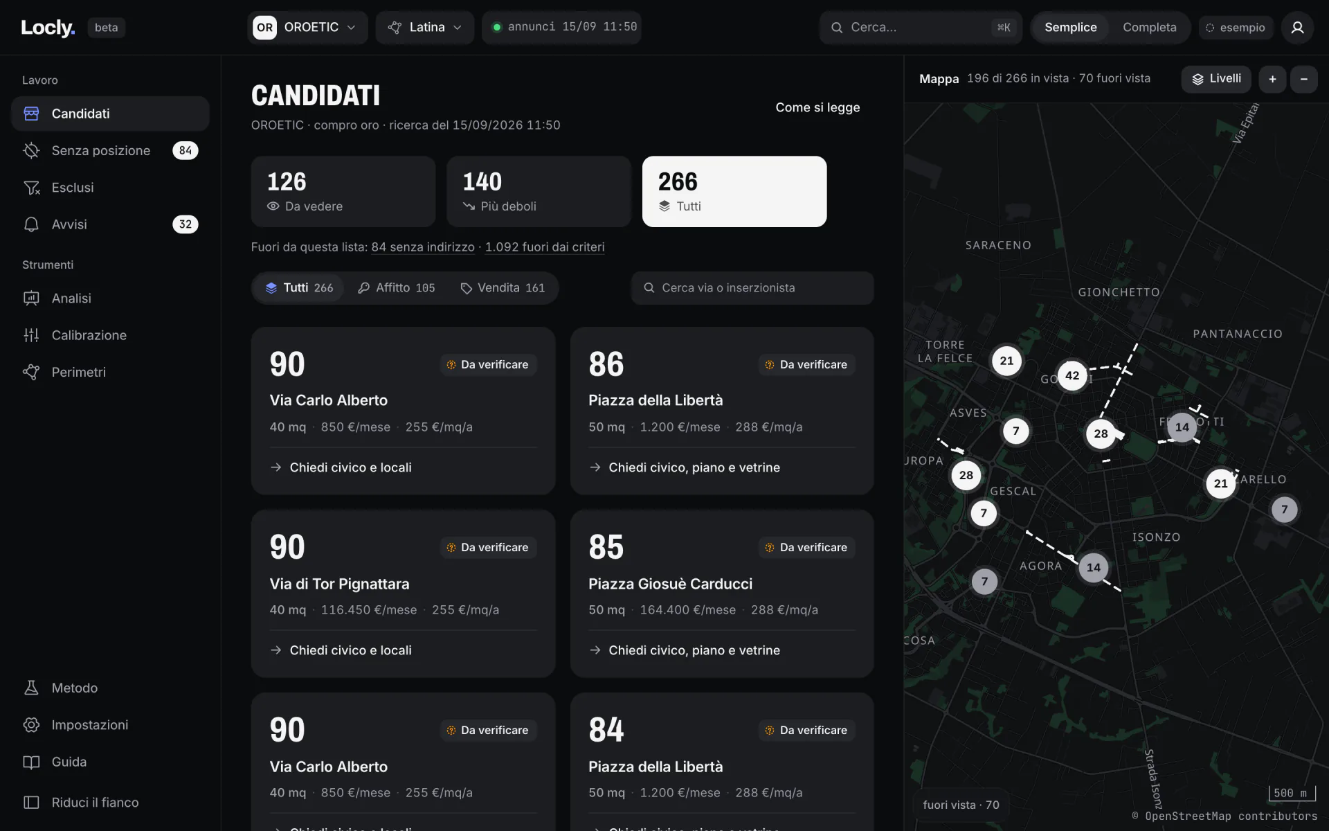 La vista Candidati al livello semplice: le schede dei locali trovati nel perimetro, ognuna con punteggio, via, metri quadri, prezzo e prossimo passo, e a destra la mappa con i candidati numerati.