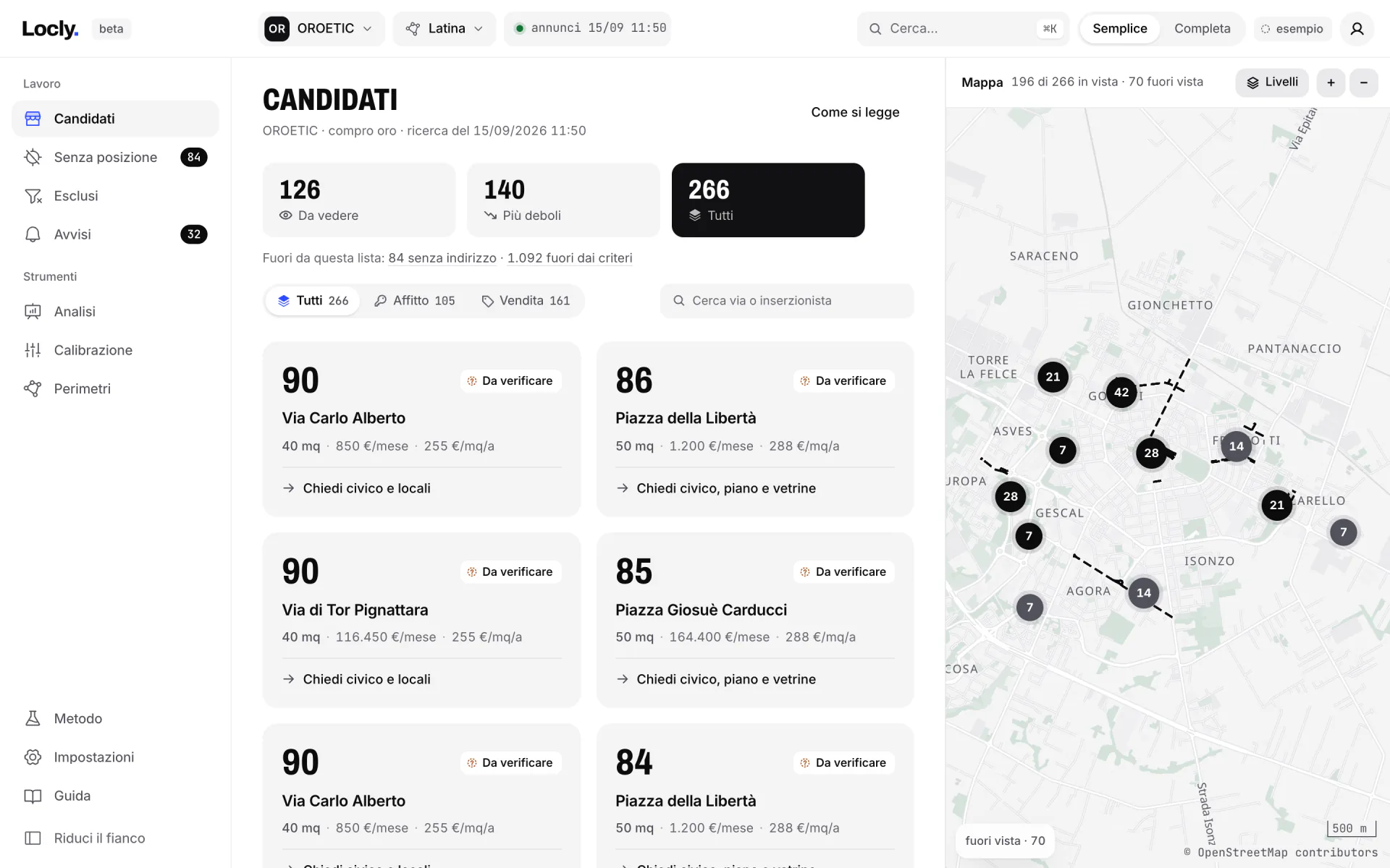 La vista Candidati al livello semplice: le schede dei locali trovati nel perimetro, ognuna con punteggio, via, metri quadri, prezzo e prossimo passo, e a destra la mappa con i candidati numerati.